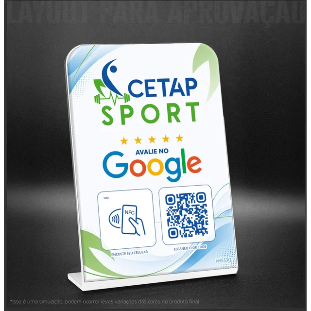 Projeto de placa NFC para avaliações no Google da CETAP Sport, com marca e grafismos em verde e azul